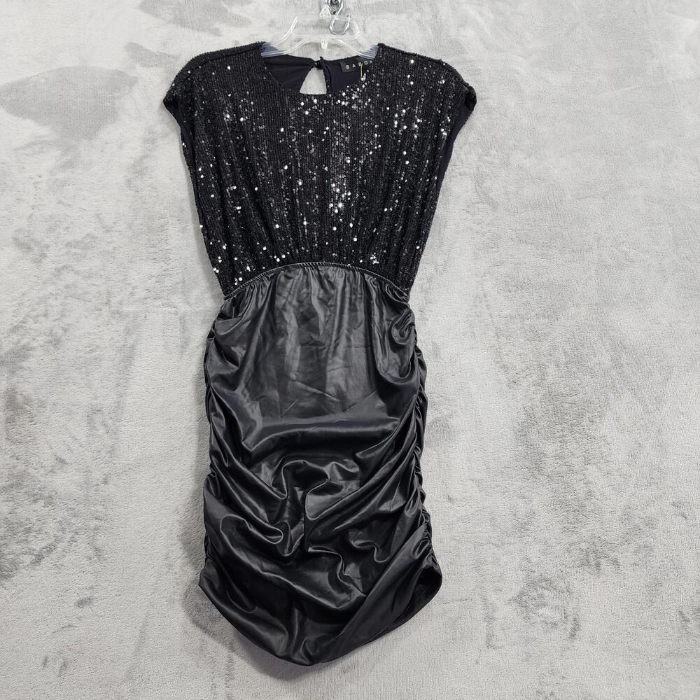 NEW Sabora Dress Womens M Black Sequin Open Back Ruched Mini Party Bodycon